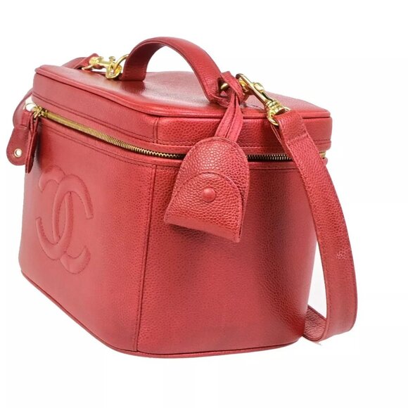 CHANEL CC Logo 2Way Vanity Hand Bag Caviar Skin Leather Red GHW Vintage - Picture 8 of 16